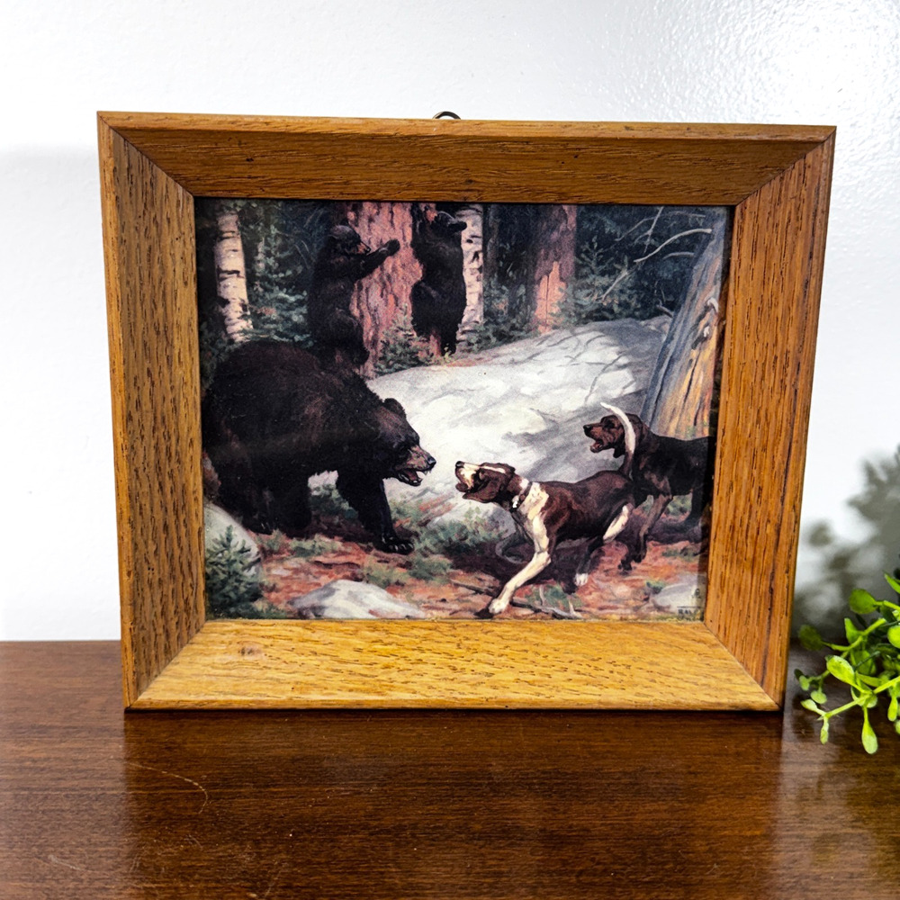 Vintage Bear Hunting Dogs Wildlife Art Print Rustic Oak Wood Frame Small
